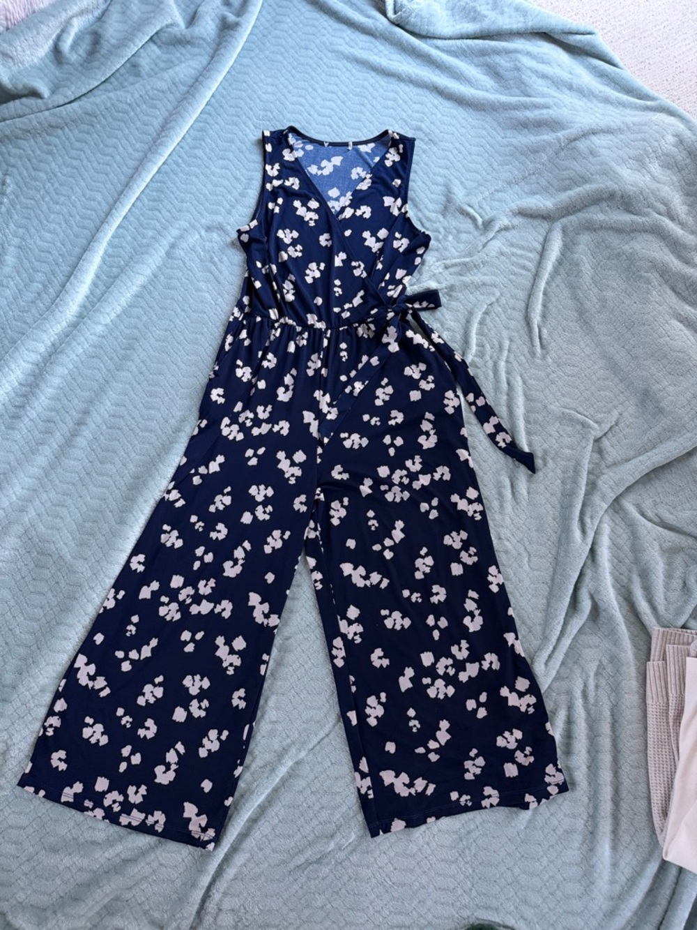 Kaileigh Navy Floral Sleeveless Wrap Jumpsuit with Tie
